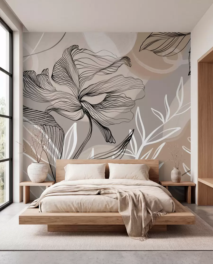 wall murals Елегантан цветни принт са великим апстрактним линијама цветова и листова у нијансама сиве и беж на светлој позадини w08413