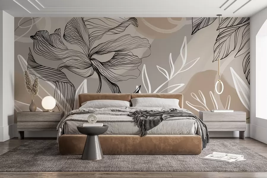 wall murals Елегантан цветни принт са великим апстрактним линијама цветова и листова у нијансама сиве и беж на светлој позадини w08413