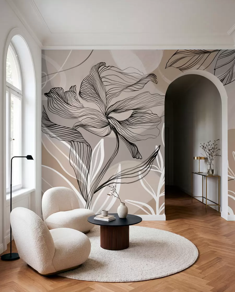 wall murals Елегантан цветни принт са великим апстрактним линијама цветова и листова у нијансама сиве и беж на светлој позадини w08413