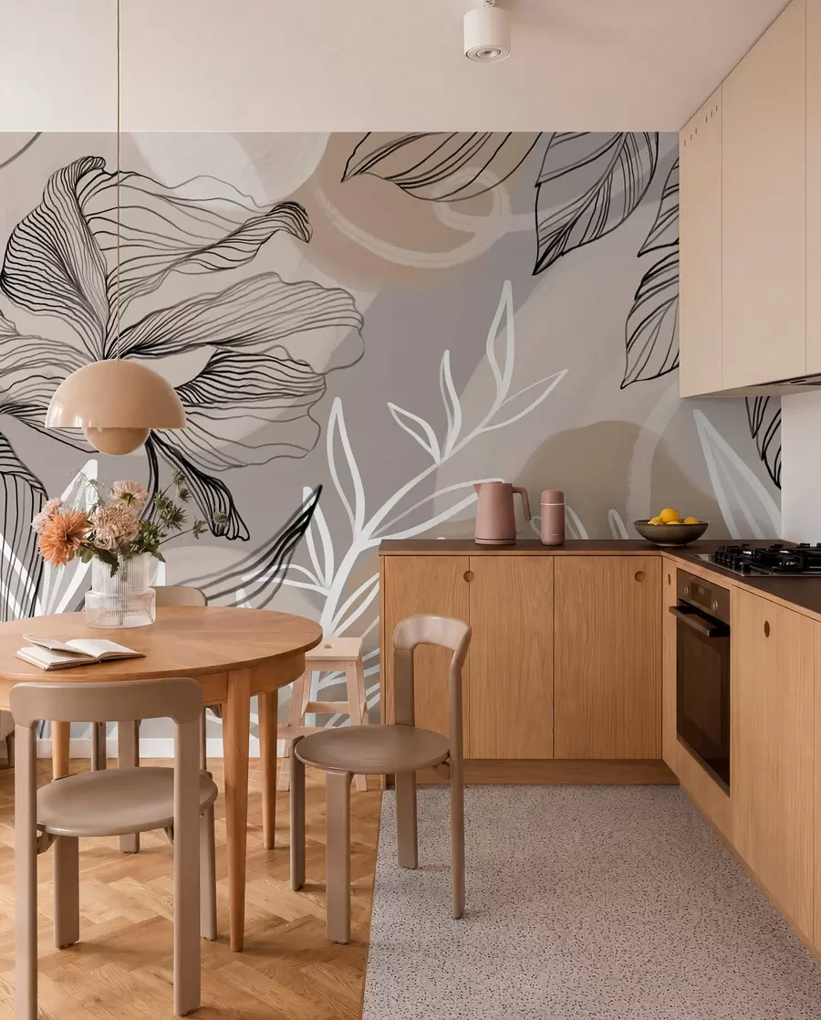 wall murals Елегантан цветни принт са великим апстрактним линијама цветова и листова у нијансама сиве и беж на светлој позадини w08413