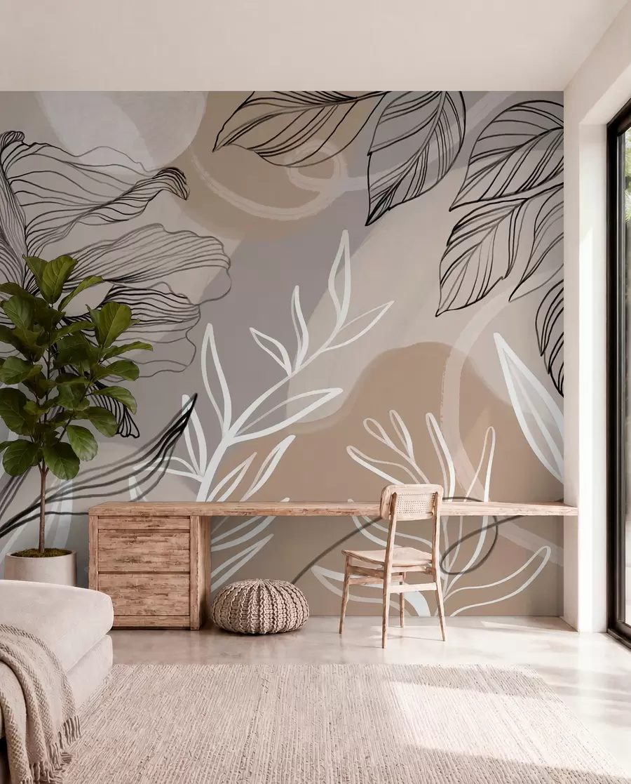 wall murals Елегантан цветни принт са великим апстрактним линијама цветова и листова у нијансама сиве и беж на светлој позадини w08413