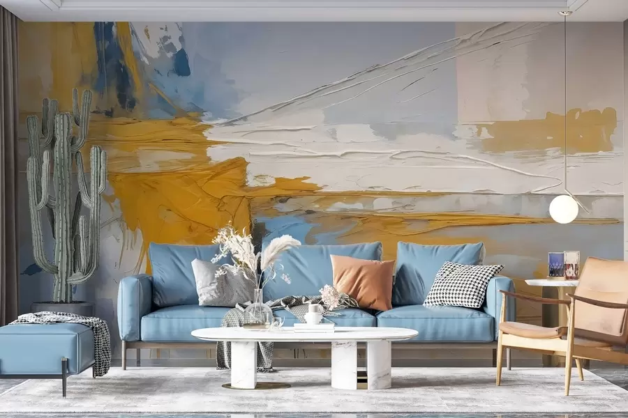 wall murals Минималистичка апстрактна уметничка композиција са смелим потезима жуте, плаве и беле боје w08414