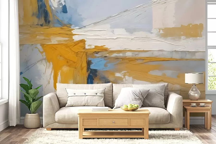 wall murals Минималистичка апстрактна уметничка композиција са смелим потезима жуте, плаве и беле боје w08414