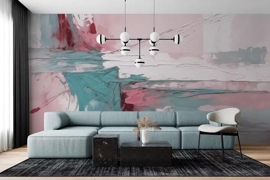 wall murals Минималистичка апстрактна уметничка композиција са смелим потезима розе, плаве и беле боје w08414v1