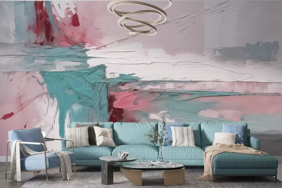 wall murals Минималистичка апстрактна уметничка композиција са смелим потезима розе, плаве и беле боје w08414v1