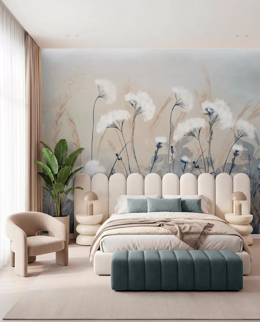 wall murals Пахуљаста бела памучна трава на замућеној текстурној позадини, са меком, магловитом и спокојном атмосфером w08416