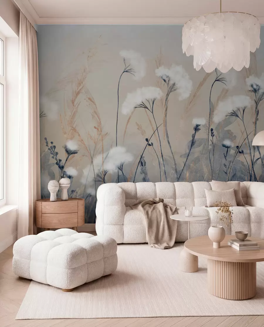 wall murals Пахуљаста бела памучна трава на замућеној текстурној позадини, са меком, магловитом и спокојном атмосфером w08416