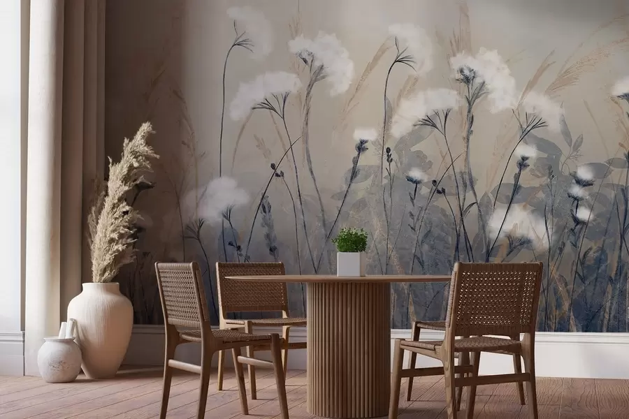 wall murals Пахуљаста бела памучна трава на замућеној текстурној позадини, са меком, магловитом и спокојном атмосфером w08416