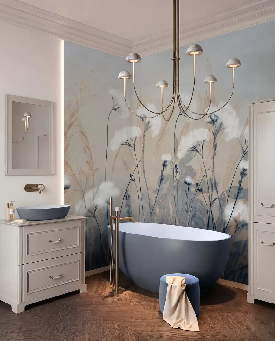 wall murals Пахуљаста бела памучна трава на замућеној текстурној позадини, са меком, магловитом и спокојном атмосфером w08416