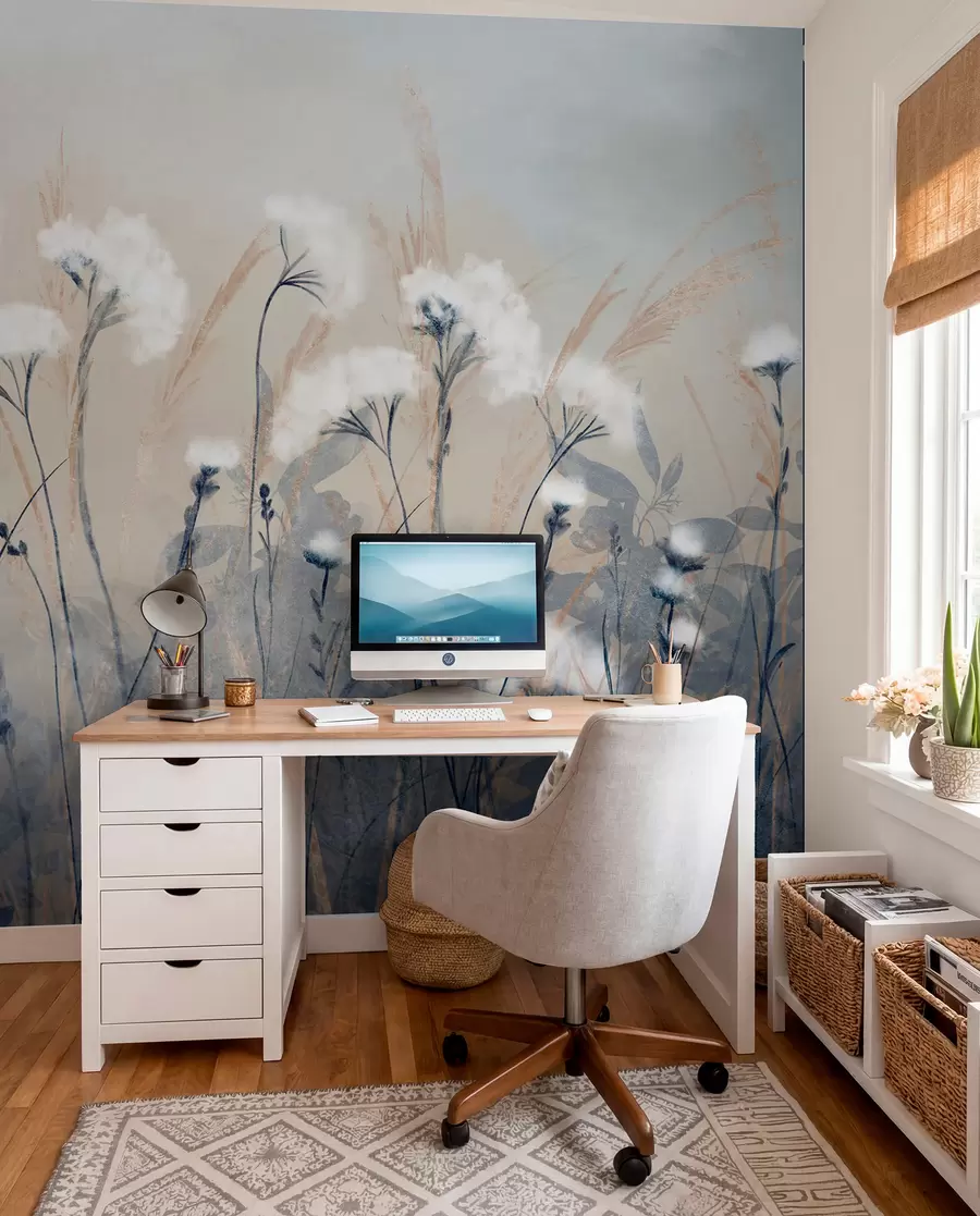 wall murals Пахуљаста бела памучна трава на замућеној текстурној позадини, са меком, магловитом и спокојном атмосфером w08416