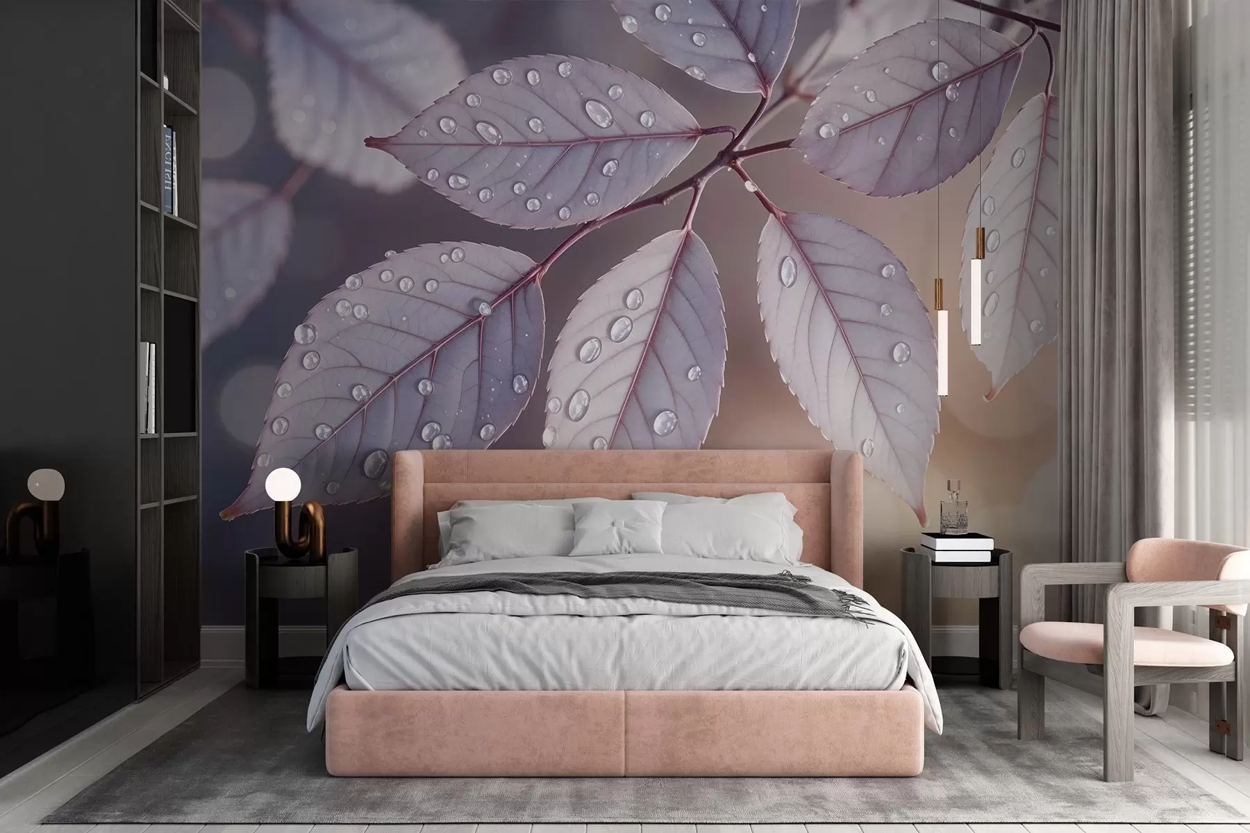 wall murals Нежно љубичасто лишће са капљицама воде, позадина меког фокуса w08419