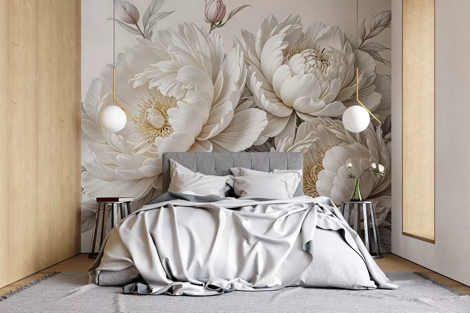 wall murals Нежни пастелни бели божури са бујним лишћем на мекој, неутралној позадини w08420