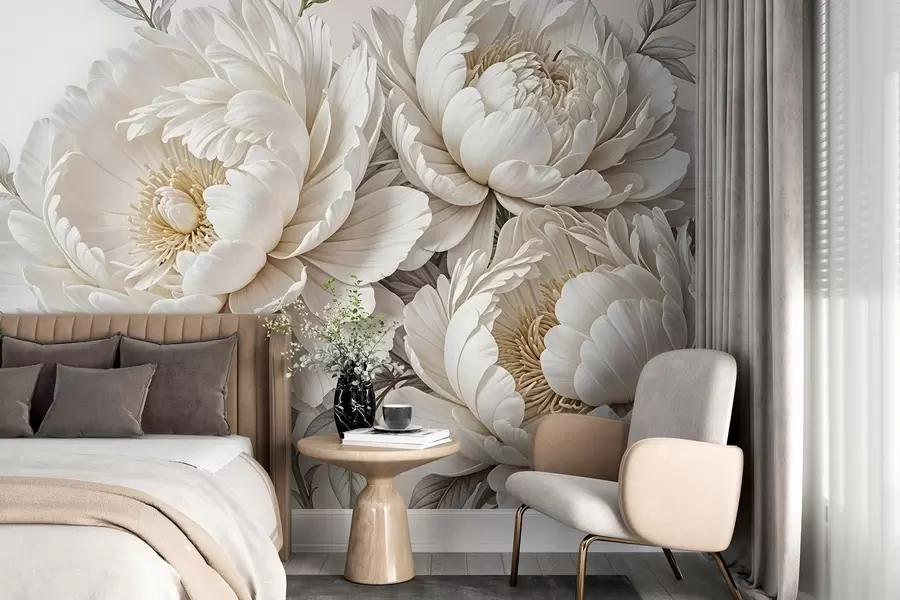 wall murals Нежни пастелни бели божури са бујним лишћем на мекој, неутралној позадини w08420