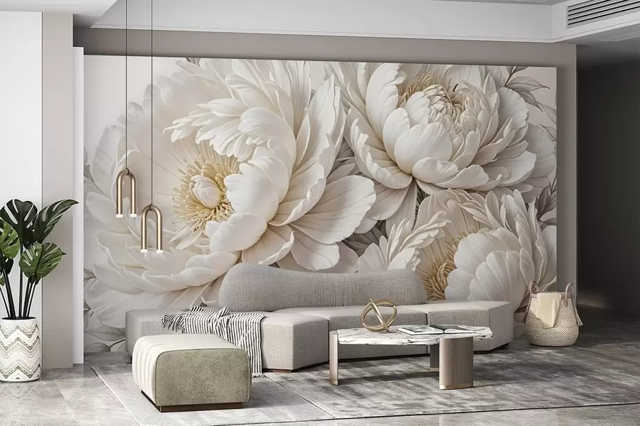 wall murals Нежни пастелни бели божури са бујним лишћем на мекој, неутралној позадини w08420