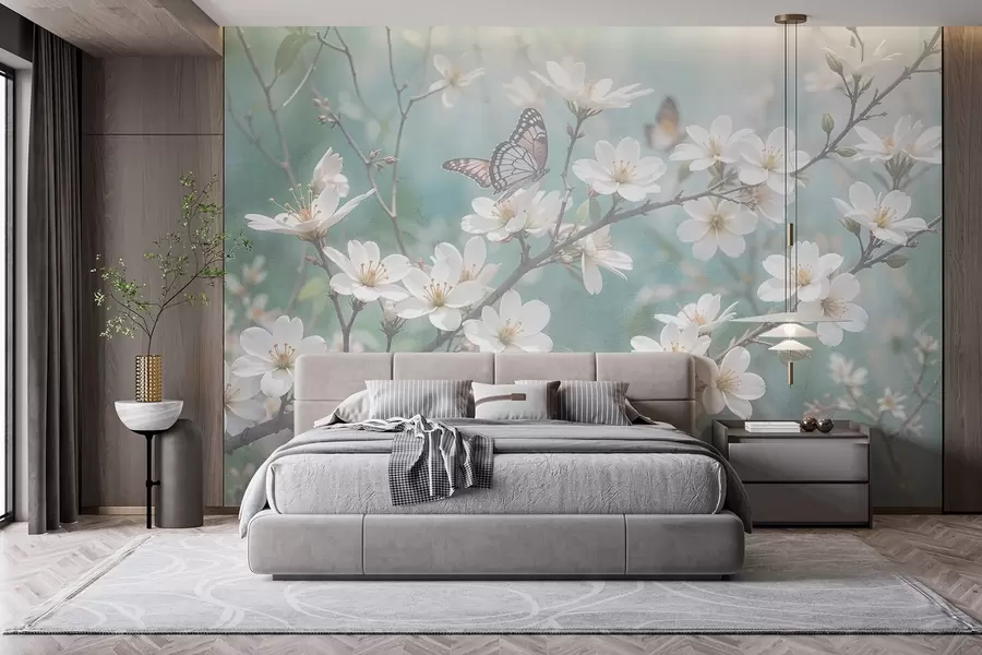 wall murals Бели лептир на грани са деликатним белим цветовима трешње у првом плану на замућеној позадини w08421