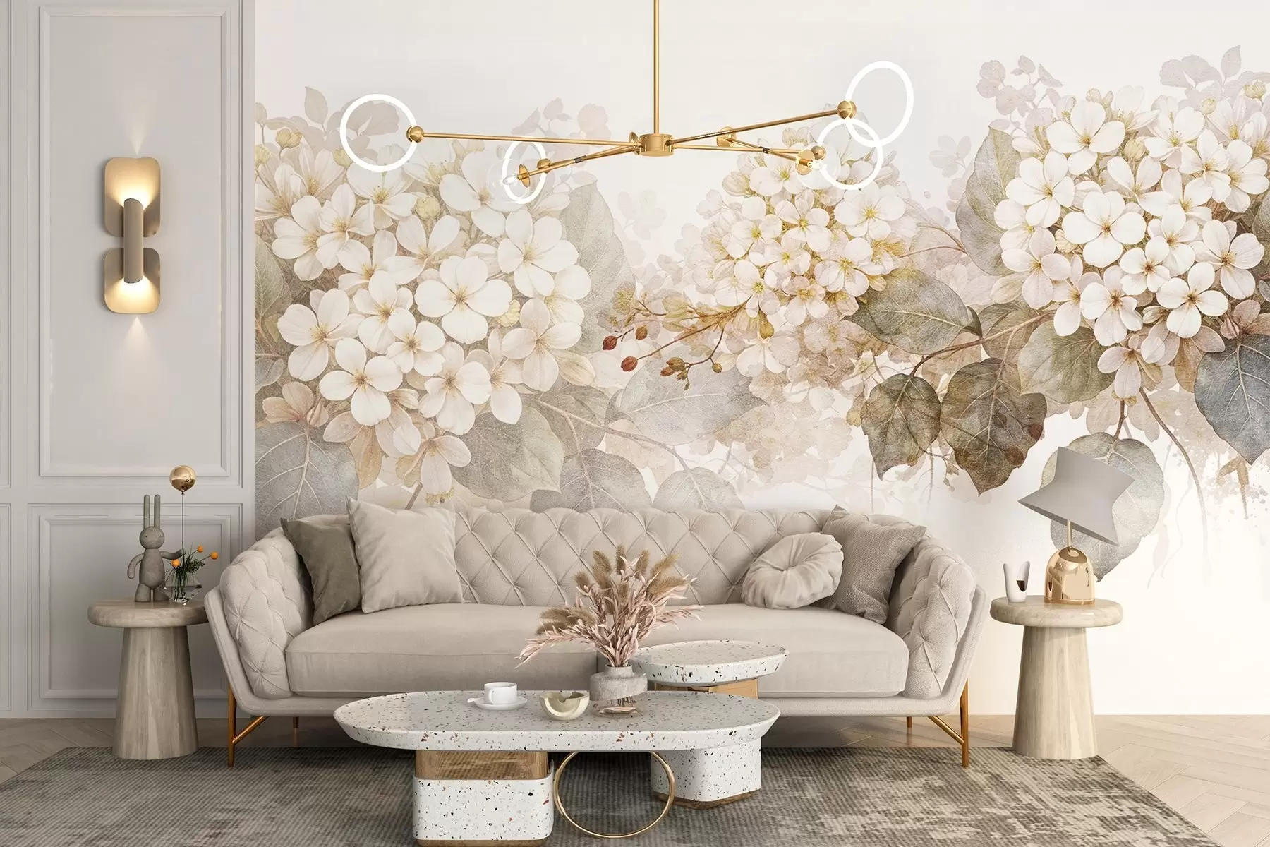 wall murals Нежно бело цвеће хортензије са меким зеленим листовима на светлој позадини w08422