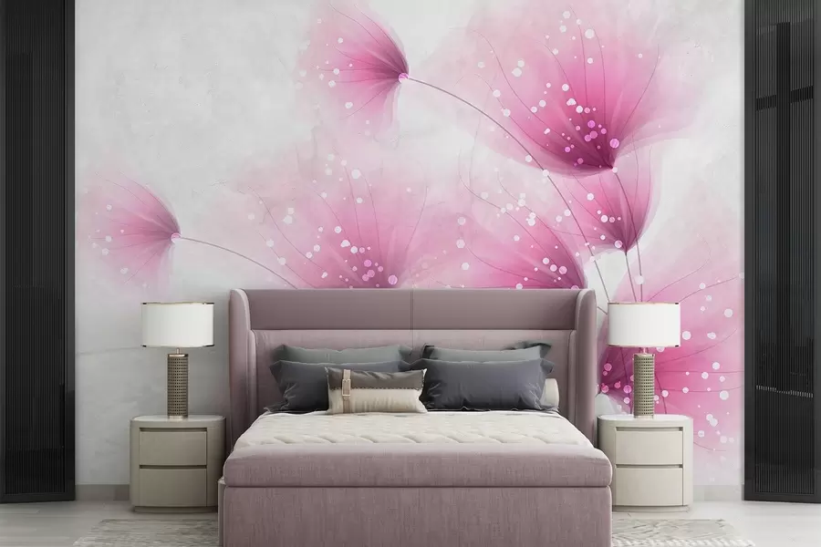 wall murals Нежно ружичасто цвеће са замућеном текстурном светлосивом позадином и светлуцавим светлима w08423