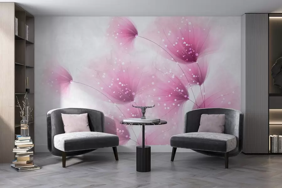 wall murals Нежно ружичасто цвеће са замућеном текстурном светлосивом позадином и светлуцавим светлима w08423