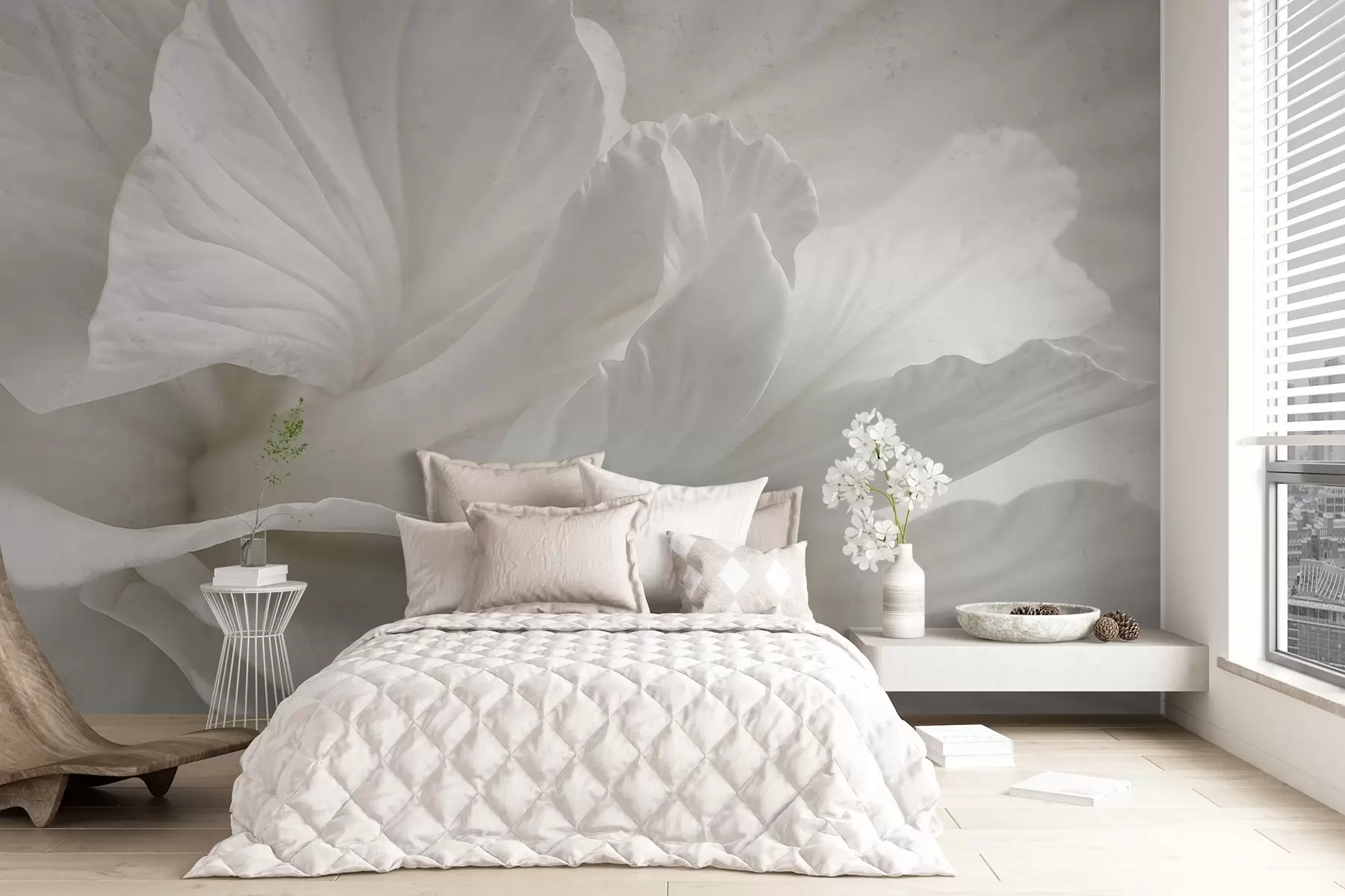 wall murals Апстрактни минималистички отисак нежног белог цвета са меким, баршунастим латицама w08424