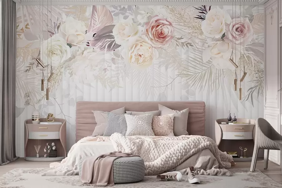 wall murals Цветни аранжман са ружичастим и белим ружама, палминим листовима и другим тропским лишћем на белој позадини w08425