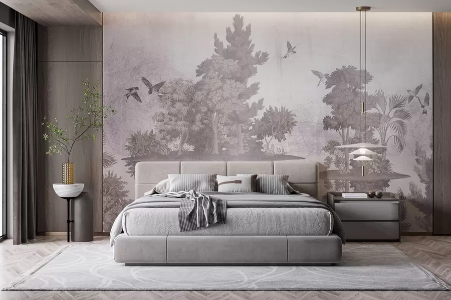 wall murals Штампа шумског пејзажа са језером окруженим боровима и другим лишћем на текстурној беж позадини w08426