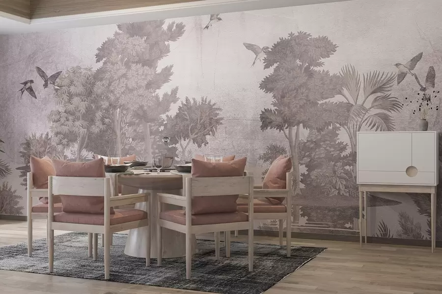 wall murals Штампа шумског пејзажа са језером окруженим боровима и другим лишћем на текстурној беж позадини w08426