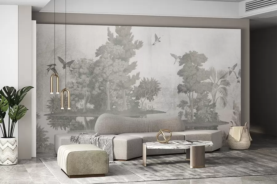 wall murals Штампа шумског пејзажа са језером окруженим боровима и другим лишћем на текстурној зеленој позадини w08426v1