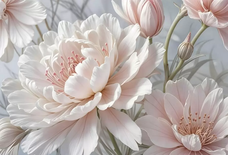 wall murals Велики, деликатни бели и ружичасти цветови божура са меким, лепршавим латицама на замућеној сивој позадини w08427