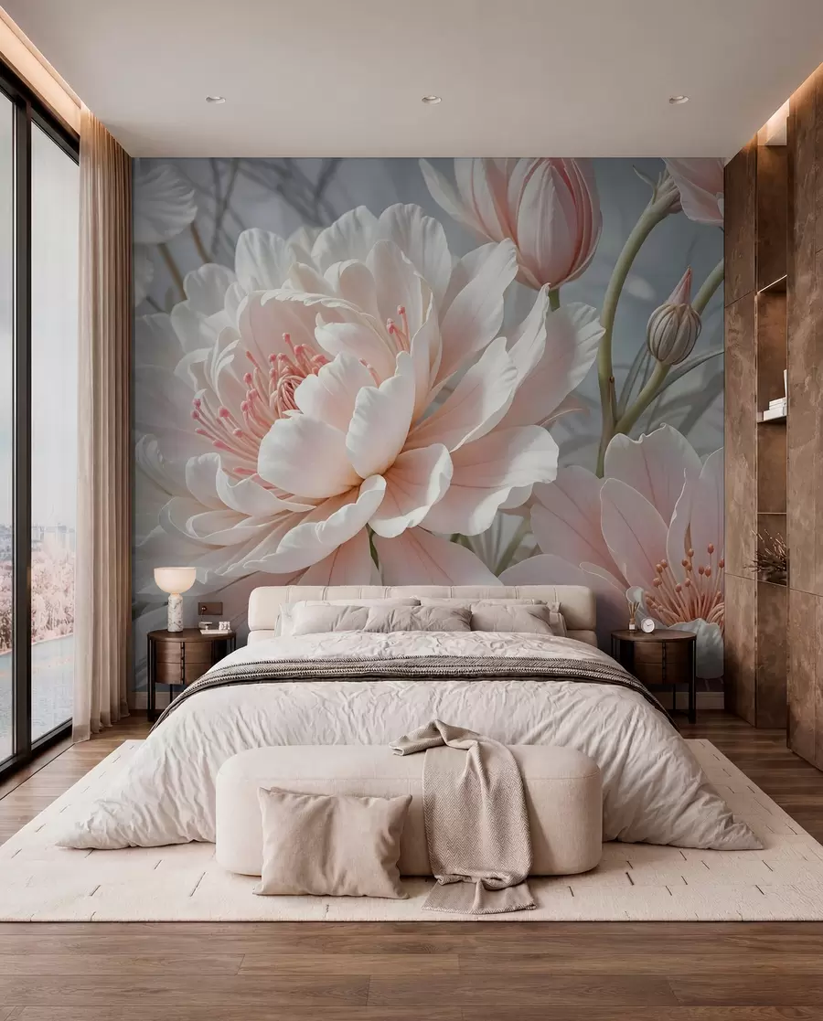wall murals Велики, деликатни бели и ружичасти цветови божура са меким, лепршавим латицама на замућеној сивој позадини w08427