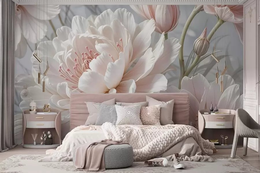 wall murals Велики, деликатни бели и ружичасти цветови божура са меким, лепршавим латицама на замућеној сивој позадини w08427