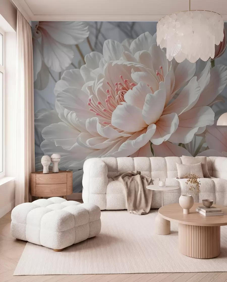 wall murals Велики, деликатни бели и ружичасти цветови божура са меким, лепршавим латицама на замућеној сивој позадини w08427