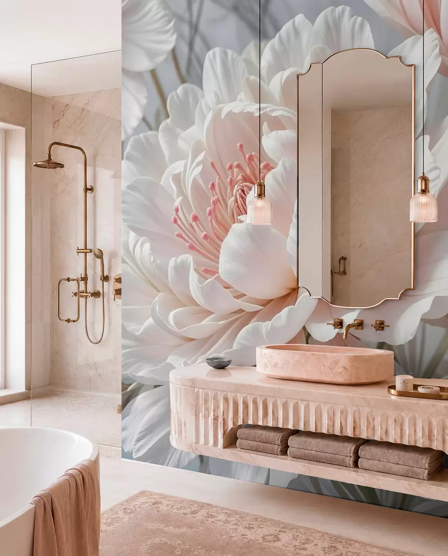 wall murals Велики, деликатни бели и ружичасти цветови божура са меким, лепршавим латицама на замућеној сивој позадини w08427