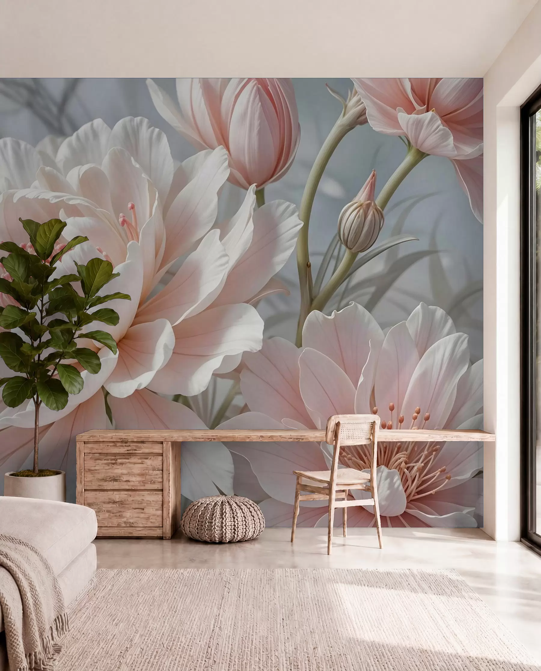 wall murals Велики, деликатни бели и ружичасти цветови божура са меким, лепршавим латицама на замућеној сивој позадини w08427