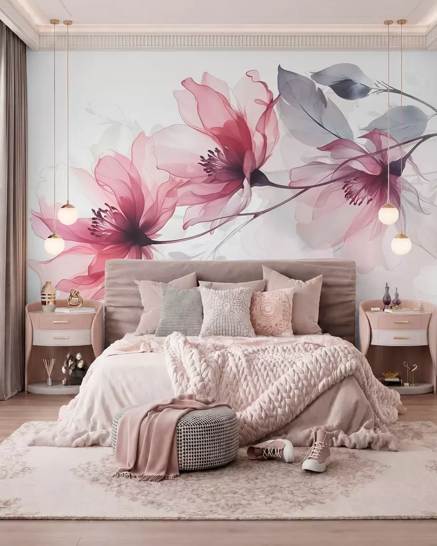 wall murals Нежно прозирно розе и сиво цвеће са меким, замућеним латицама на белој позадини w08429