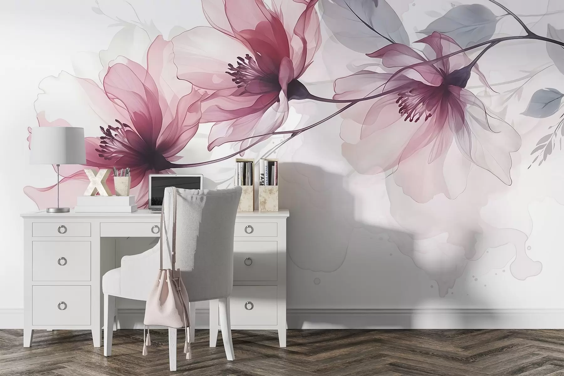 wall murals Нежно прозирно розе и сиво цвеће са меким, замућеним латицама на белој позадини w08429