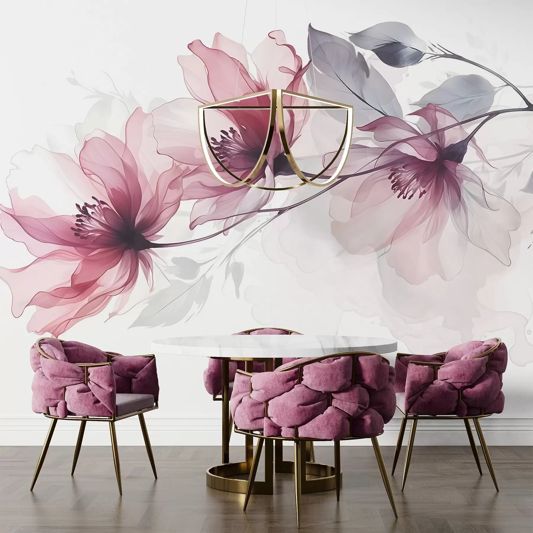 wall murals Нежно прозирно розе и сиво цвеће са меким, замућеним латицама на белој позадини w08429