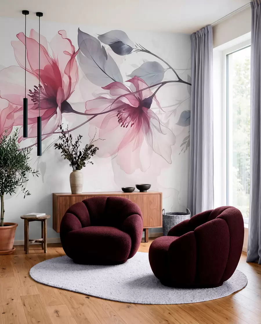 wall murals Нежно прозирно розе и сиво цвеће са меким, замућеним латицама на белој позадини w08429