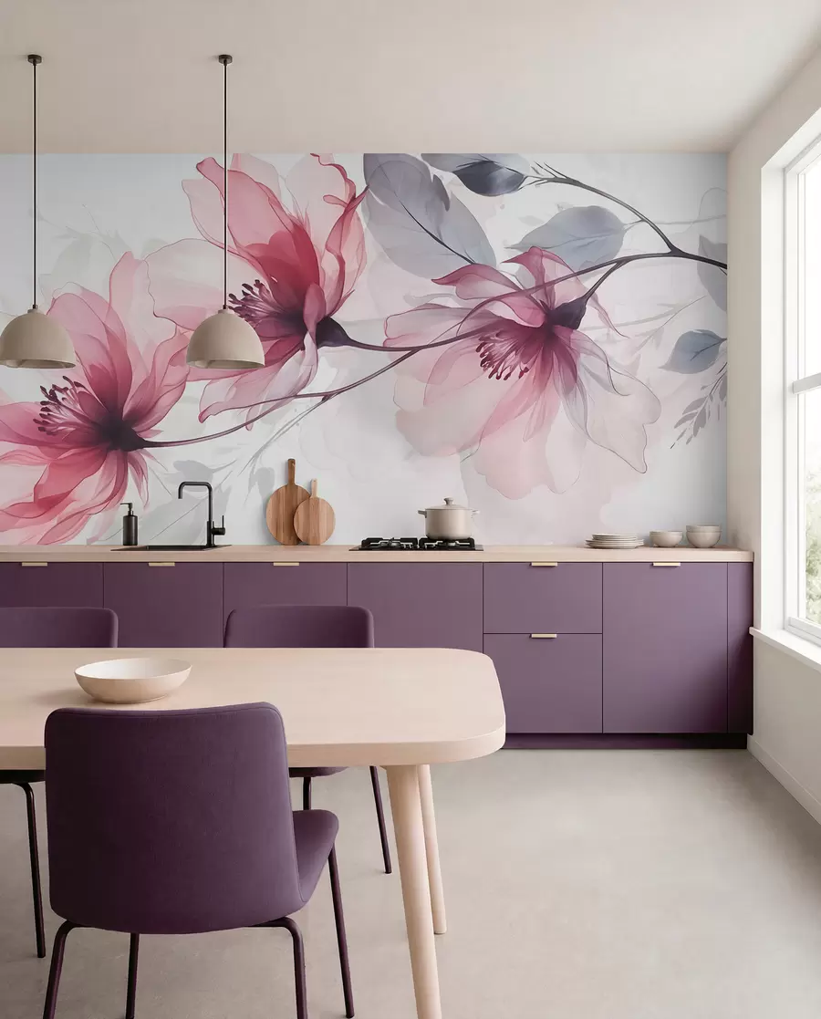 wall murals Нежно прозирно розе и сиво цвеће са меким, замућеним латицама на белој позадини w08429