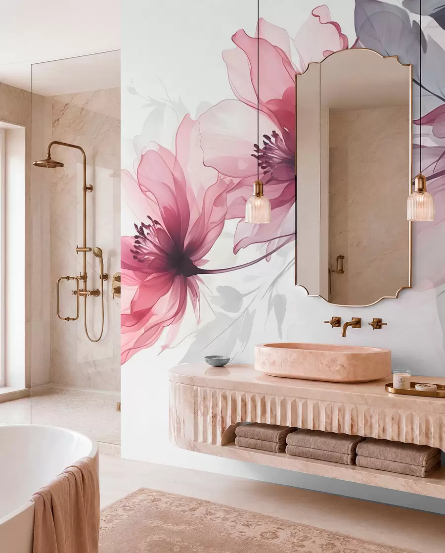 wall murals Нежно прозирно розе и сиво цвеће са меким, замућеним латицама на белој позадини w08429
