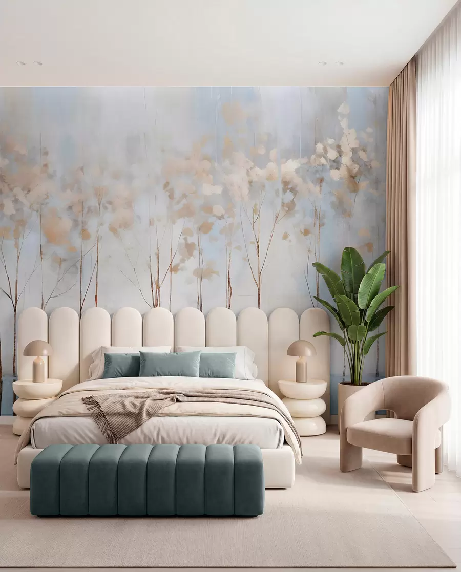 wall murals Голо дрвеће у апстрактном пастелном замагљеном зимском минималистичком пејзажу са меком, магловитом позадином w08430