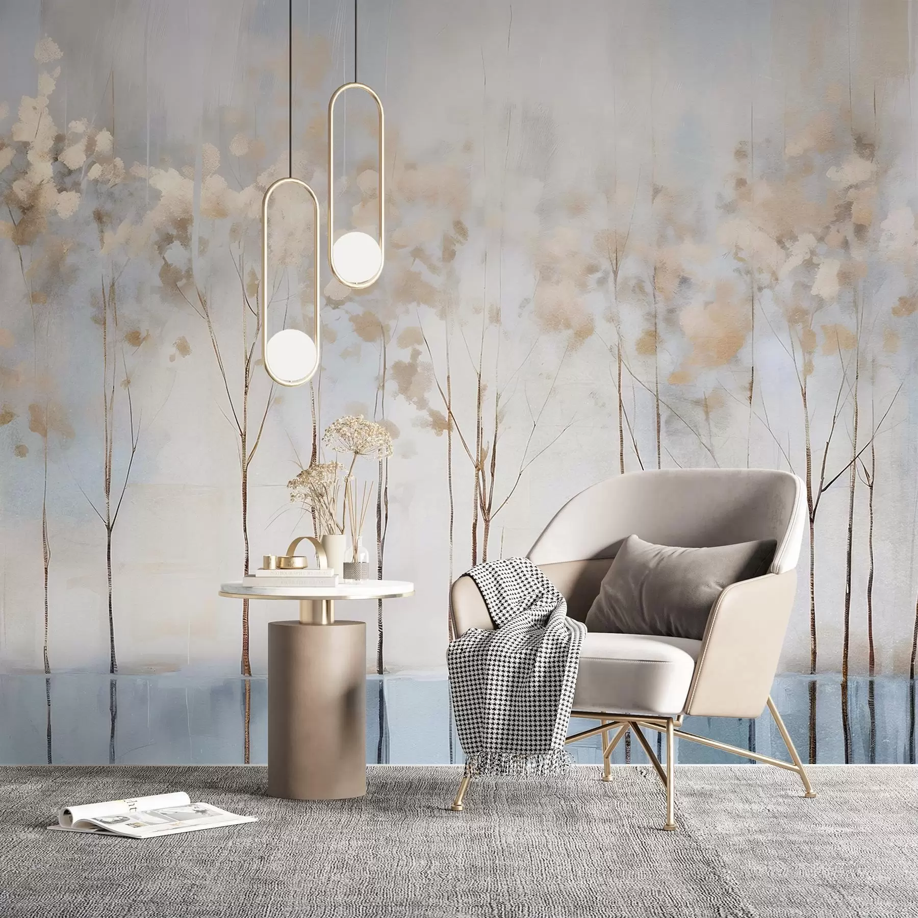 wall murals Голо дрвеће у апстрактном пастелном замагљеном зимском минималистичком пејзажу са меком, магловитом позадином w08430