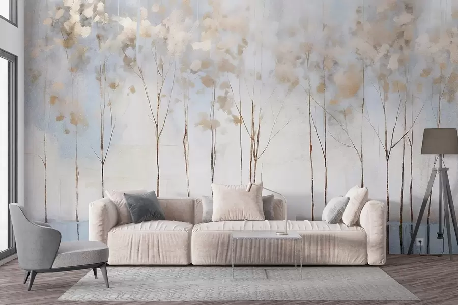 wall murals Голо дрвеће у апстрактном пастелном замагљеном зимском минималистичком пејзажу са меком, магловитом позадином w08430