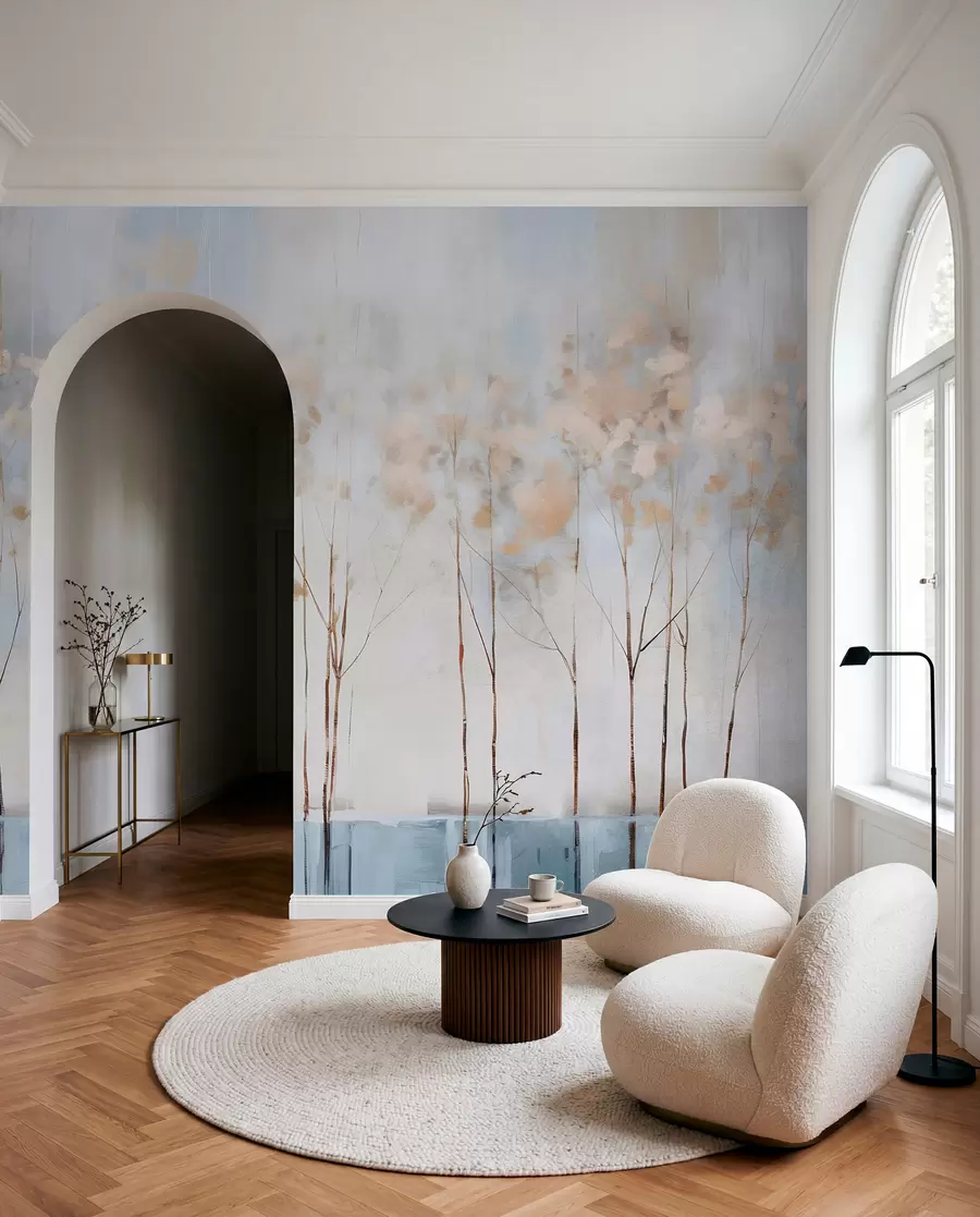 wall murals Голо дрвеће у апстрактном пастелном замагљеном зимском минималистичком пејзажу са меком, магловитом позадином w08430