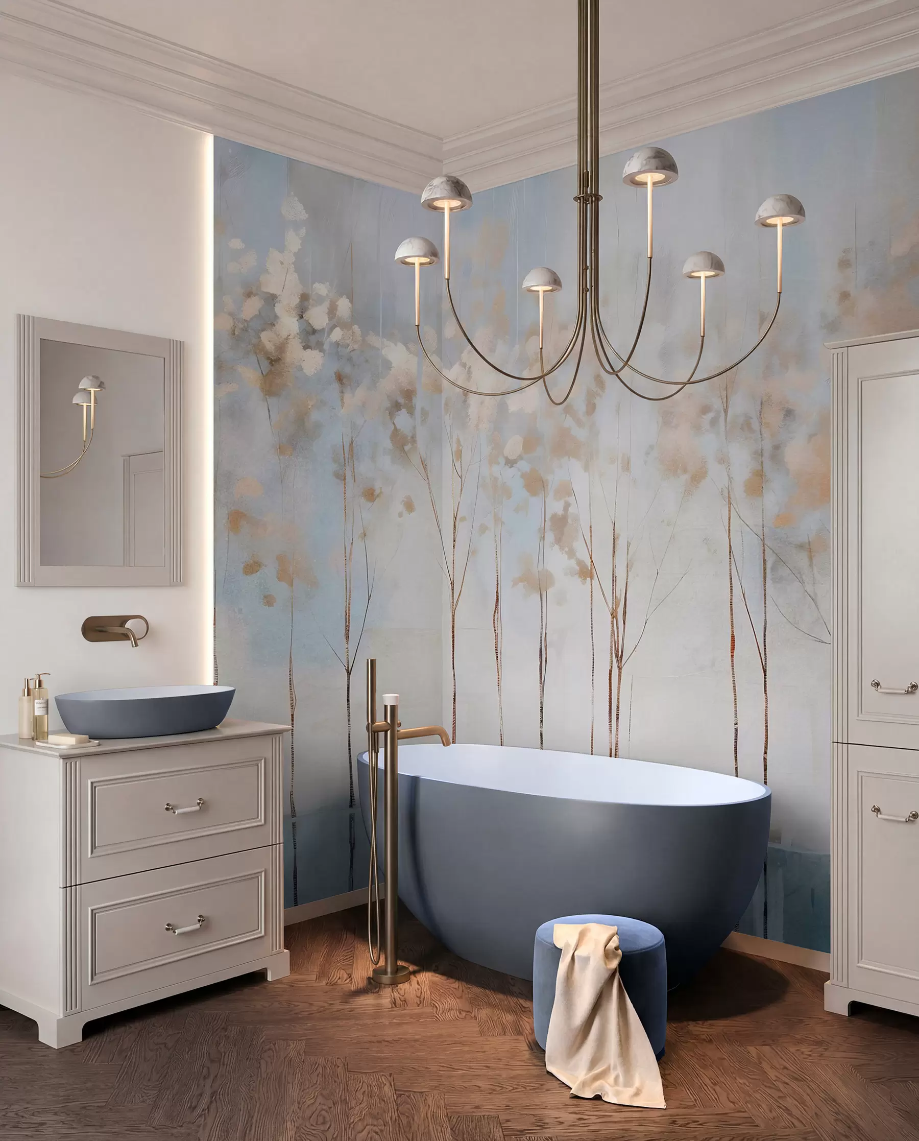 wall murals Голо дрвеће у апстрактном пастелном замагљеном зимском минималистичком пејзажу са меком, магловитом позадином w08430