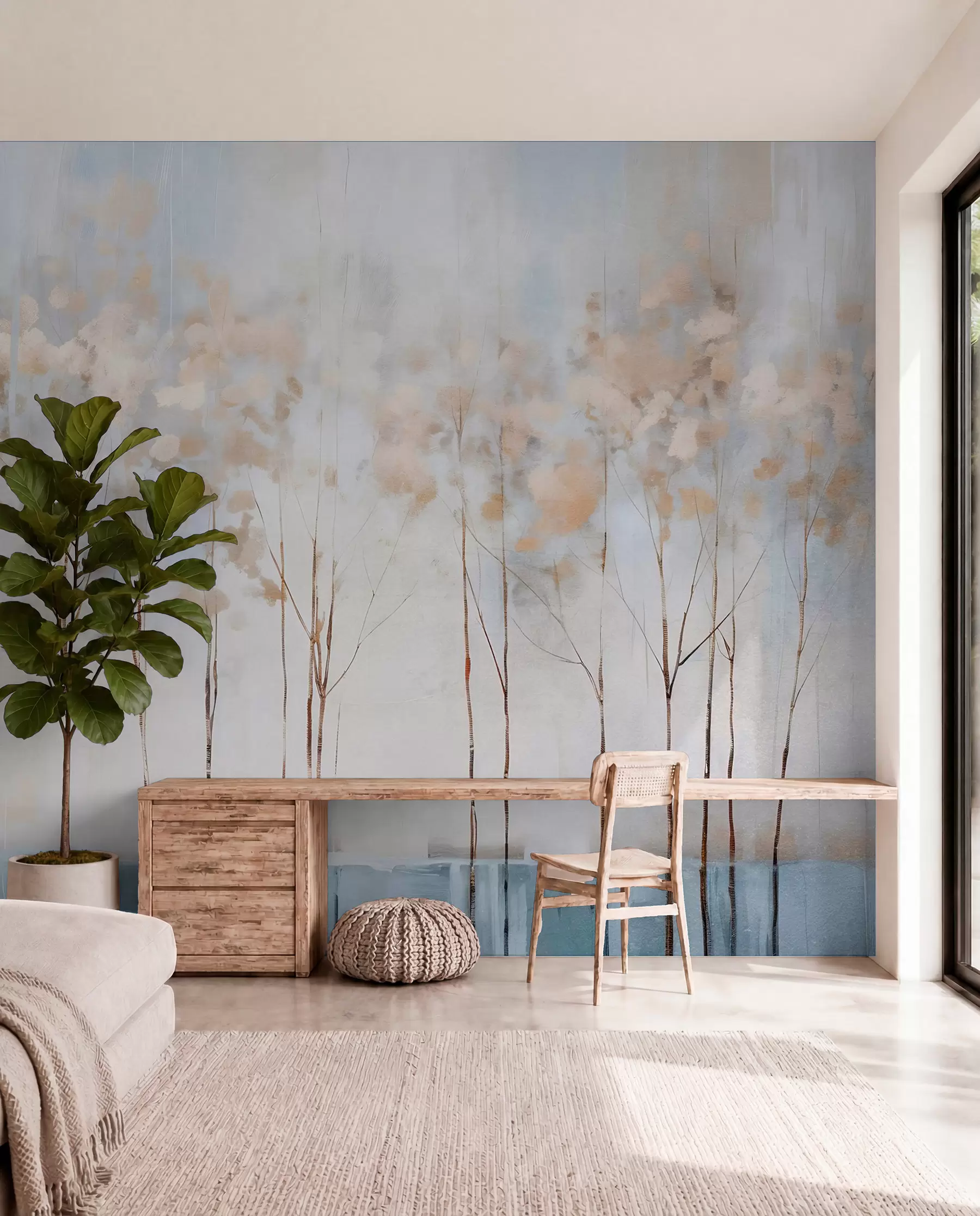 wall murals Голо дрвеће у апстрактном пастелном замагљеном зимском минималистичком пејзажу са меком, магловитом позадином w08430