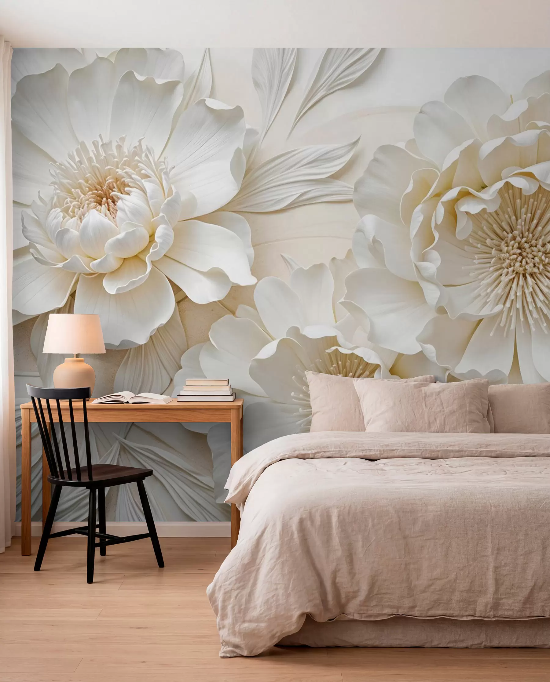 wall murals Елегантне обимне имитације цветова белог божура са меким латицама и пастелно жутим срединама, на светлој позадини w08431
