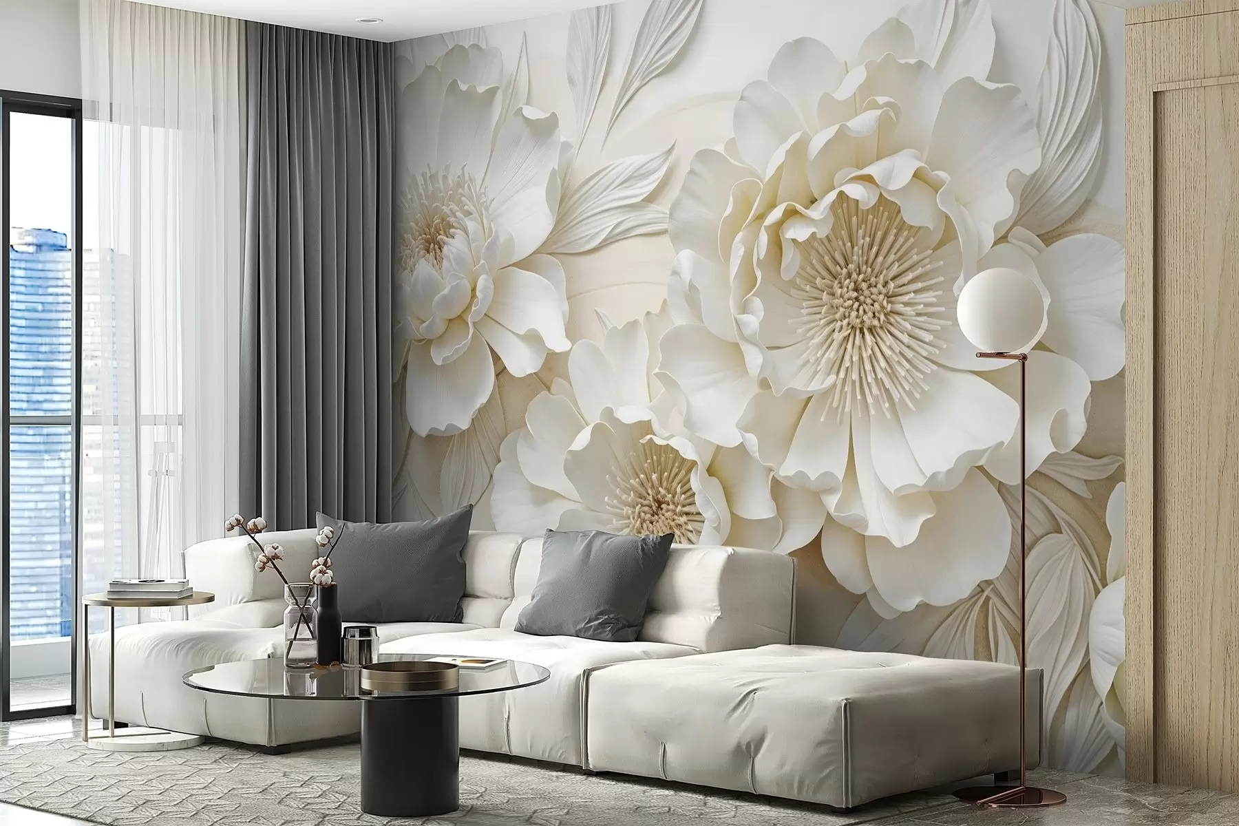 wall murals Елегантне обимне имитације цветова белог божура са меким латицама и пастелно жутим срединама, на светлој позадини w08431