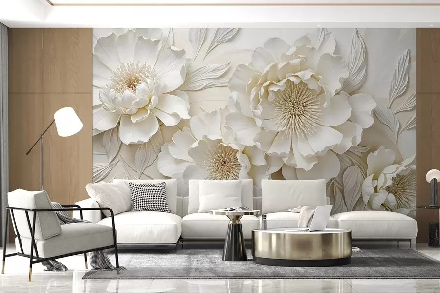 wall murals Елегантне обимне имитације цветова белог божура са меким латицама и пастелно жутим срединама, на светлој позадини w08431