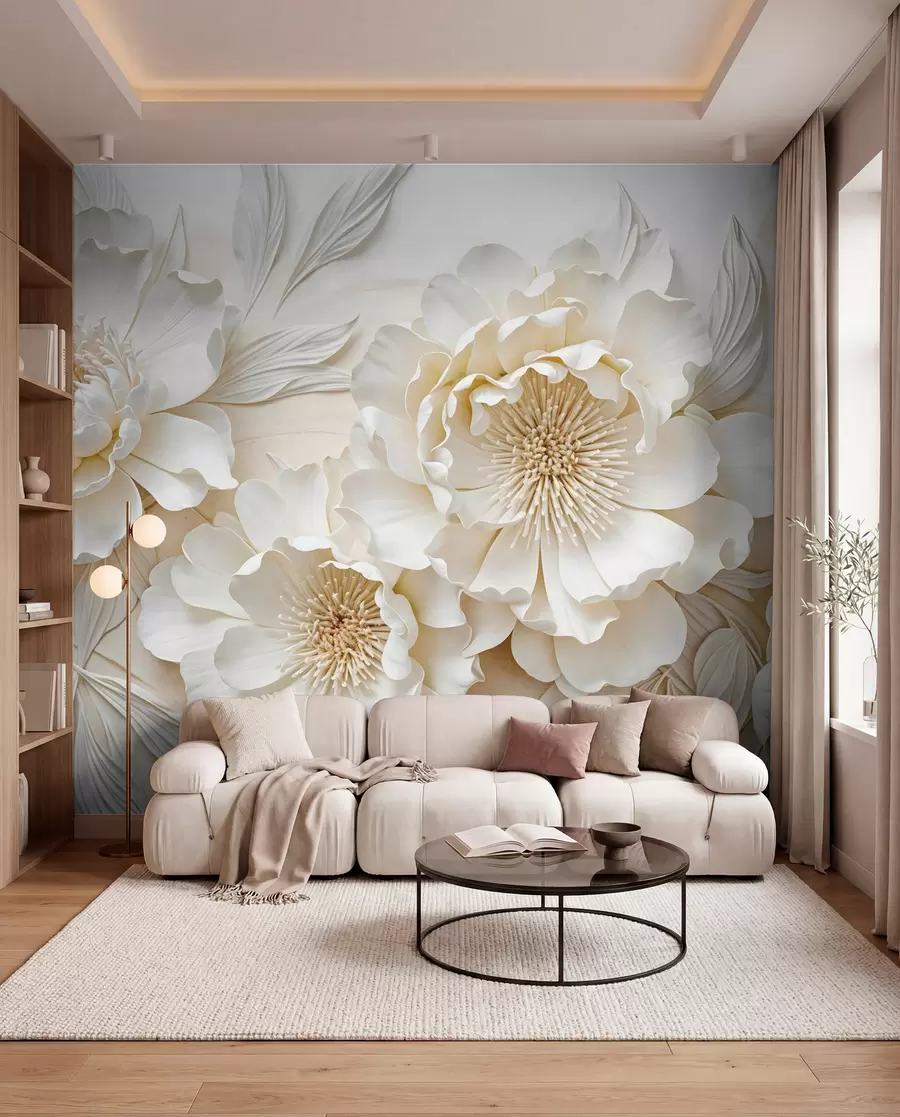 wall murals Елегантне обимне имитације цветова белог божура са меким латицама и пастелно жутим срединама, на светлој позадини w08431