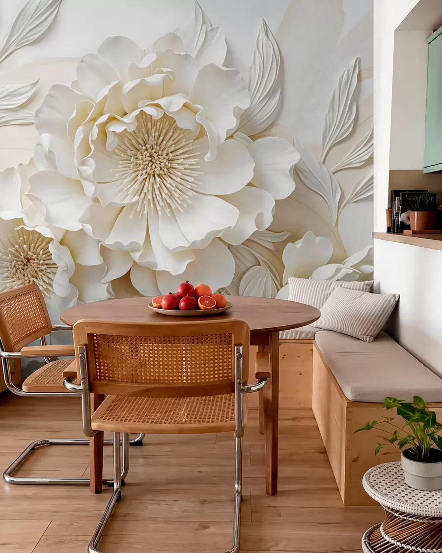 wall murals Елегантне обимне имитације цветова белог божура са меким латицама и пастелно жутим срединама, на светлој позадини w08431